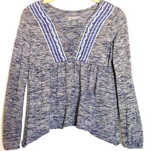 Arizona size M 10/12 navy heather babydoll sweater with laceup neck